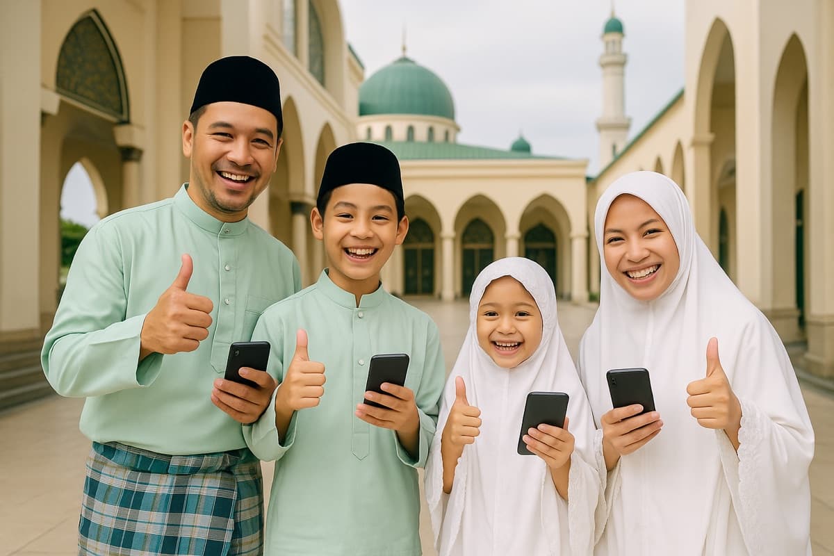 Sebuah keluarga di perkarangan masjid menyemak keahlian khairat mereka melalui telefon